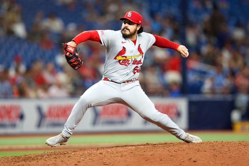 Aug 9, 2023; St. Petersburg, Florida, USA;  St. Louis Cardinals relief pitcher JoJo Romero (59) throws a pitch against the Tampa Bay Rays in the eighth inning at Tropicana Field. Mandatory Credit: Nathan Ray Seebeck-USA TODAY Sports