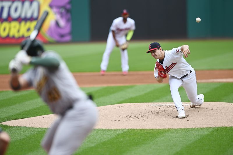 Jun 22, 2023; Cleveland, Ohio, USA; Cleveland Guardians starting pitcher Logan Allen (41) throws a pitch to Oakland Athletics first baseman Ryan Noda (49) during the first inning at Progressive Field. Mandatory Credit: Ken Blaze-USA TODAY Sports