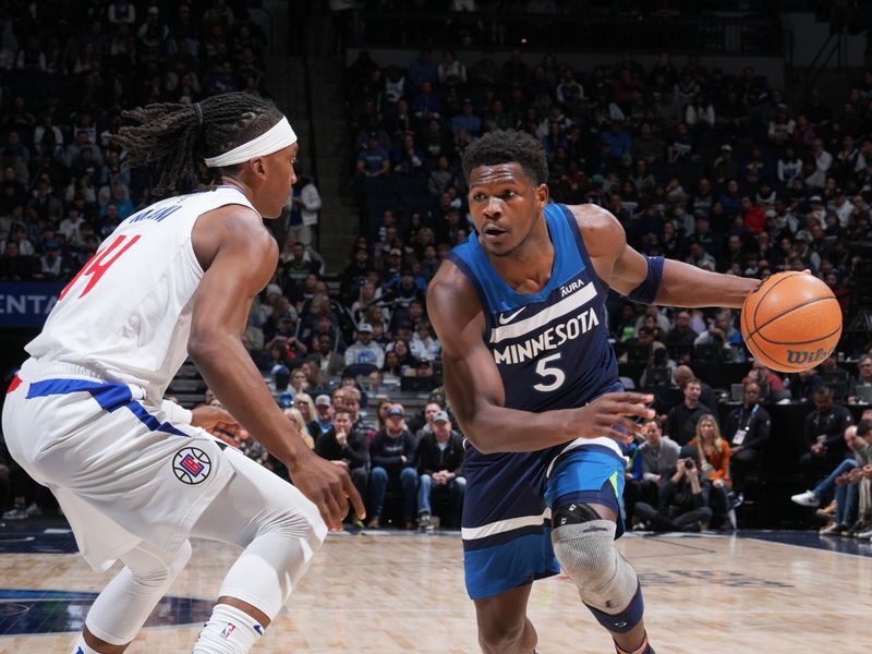 MINNEAPOLIS, MN -  JANUARY 14: Anthony Edwards #5 of the Minnesota Timberwolves dribbles the ball during the game against the LA Clippers on January 14, 2024 at Target Center in Minneapolis, Minnesota. NOTE TO USER: User expressly acknowledges and agrees that, by downloading and or using this Photograph, user is consenting to the terms and conditions of the Getty Images License Agreement. Mandatory Copyright Notice: Copyright 2024 NBAE (Photo by Jordan Johnson/NBAE via Getty Images)