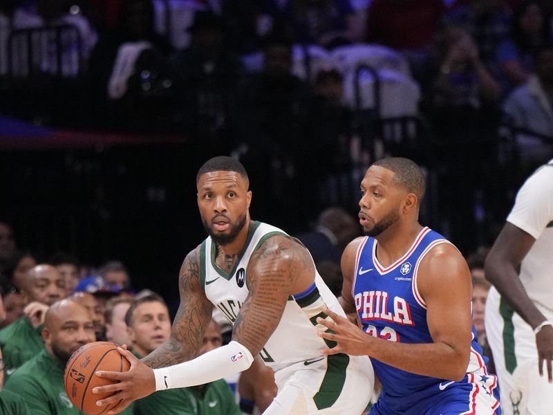 PHILADELPHIA, PA - OCTOBER 23: Damian Lillard #0 of the Milwaukee Bucks handles the ball during the game against the Philadelphia 76ers on October 23, 2024 at the Wells Fargo Center in Philadelphia, Pennsylvania NOTE TO USER: User expressly acknowledges and agrees that, by downloading and/or using this Photograph, user is consenting to the terms and conditions of the Getty Images License Agreement. Mandatory Copyright Notice: Copyright 2024 NBAE (Photo by Jesse D. Garrabrant/NBAE via Getty Images)