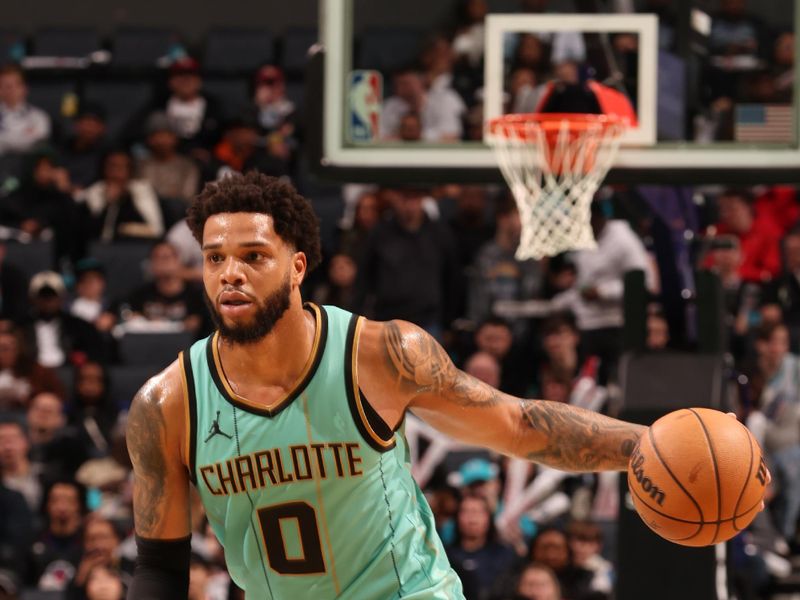 CHARLOTTE, NC - JANUARY 31: Miles Bridges #0 of the Charlotte Hornets dribbles the ball during the game against the LA Clippers  on January 31, 2025 at Spectrum Center in Charlotte, North Carolina. NOTE TO USER: User expressly acknowledges and agrees that, by downloading and or using this photograph, User is consenting to the terms and conditions of the Getty Images License Agreement. Mandatory Copyright Notice: Copyright 2025 NBAE (Photo by Kent Smith/NBAE via Getty Images)