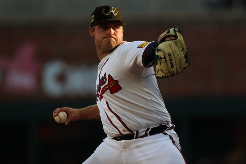 May 19, 2024; Atlanta, Georgia, USA; Atlanta Braves starting pitcher Bryce Elder (55) throws against the San Diego Padres in the first inning at Truist Park. Mandatory Credit: Brett Davis-USA TODAY Sports
