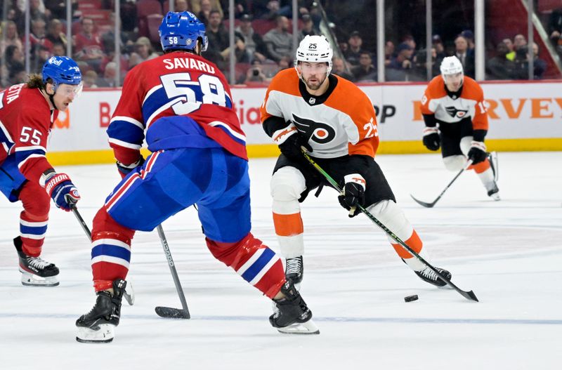 Apr 9, 2024; Montreal, Quebec, CAN; Philadelphia Flyers forward Ryan Poehling (25) plays the puck and Montreal Canadiens defenseman David Savard (58) defends during the third period at the Bell Centre. Mandatory Credit: Eric Bolte-USA TODAY Sports