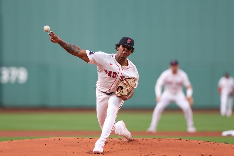 Jun 3, 2025; Boston, Massachusetts, USA; Boston Red Sox starting pitcher Brayan Bello (66) delivers a pitch during the first inning against the Los Angeles Angels at Fenway Park. Mandatory Credit: Paul Rutherford-Imagn Images