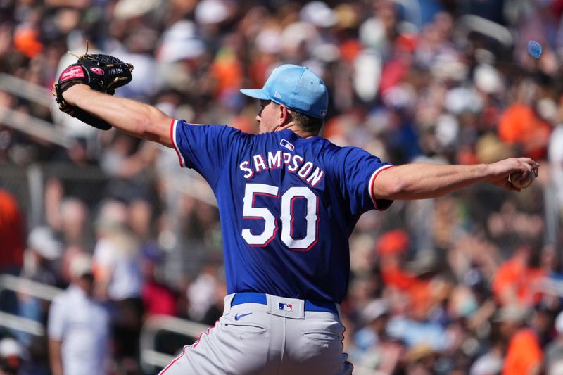 Mar 1, 2024; Scottsdale, Arizona, USA; Texas Rangers starting pitcher Adrian Sampson (50) pitches against the San Francisco Giants during the second inning at Scottsdale Stadium. Mandatory Credit: Joe Camporeale-USA TODAY Sports