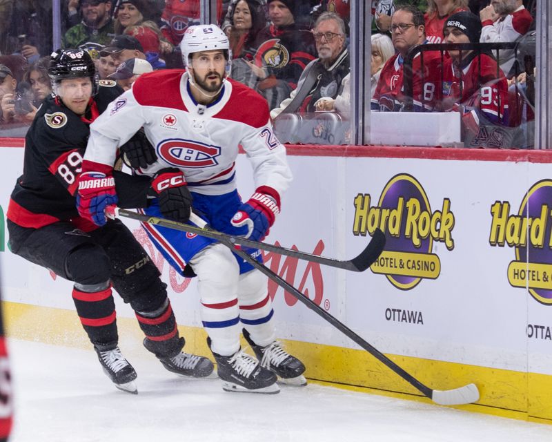 Jan 17, 2026; Ottawa, Ontario, CAN; Ottawa Senators center Lars Eller (89) and Montreal Canadiens center Phillip Danault (24) chase the puck in the first period at the Canadian Tire Centre. Mandatory Credit: Marc DesRosiers-IMAGN Images