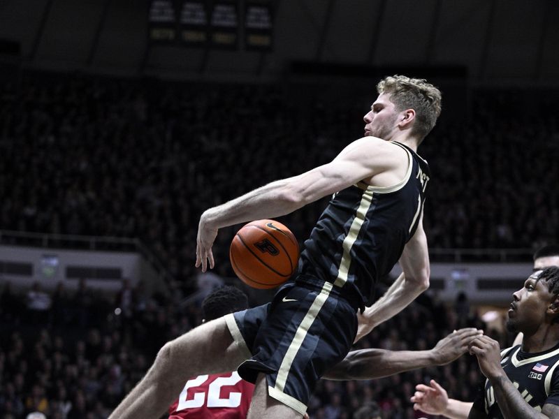 Feb 25, 2023; West Lafayette, Indiana, USA; Purdue Boilermakers forward Caleb Furst (1) falls while trying to grab a rebound against Indiana Hoosiers forward Jordan Geronimo (22) during the first half at Mackey Arena. Mandatory Credit: Marc Lebryk-USA TODAY Sports