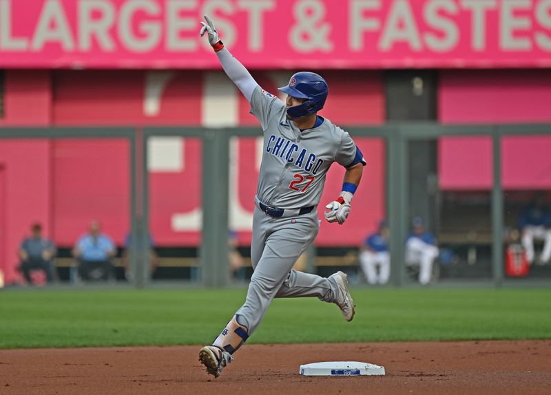 Jul 27, 2024; Kansas City, Missouri, USA;  Chicago Cubs right fielder Seiya Suzuki (27) reacts after hitting a two-run home run in the first inning against the Kansas City Royals at Kauffman Stadium. Mandatory Credit: Peter Aiken-USA TODAY Sports