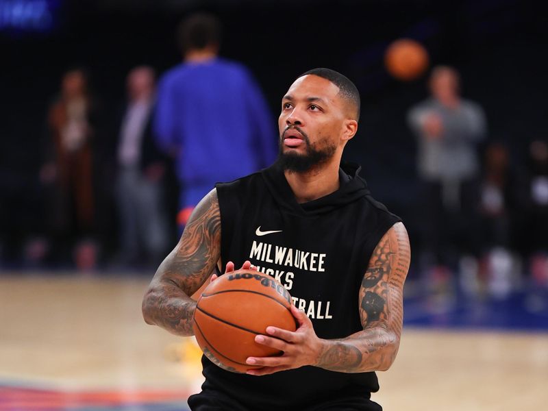 NEW YORK, NEW YORK - DECEMBER 25: Damian Lillard #0 of the Milwaukee Bucks warms up prior to the game against the New York Knicks at Madison Square Garden on December 25, 2023 in New York City.  NOTE TO USER: User expressly acknowledges and agrees that, by downloading and or using this photograph, User is consenting to the terms and conditions of the Getty Images License Agreement. (Photo by Rich Graessle/Getty Images)