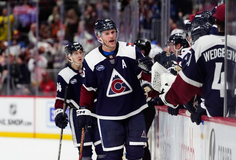 Dec 31, 2024; Denver, Colorado, USA; Colorado Avalanche right wing Mikko Rantanen (96) celebrates his goal in the third period against the Winnipeg Jets at Ball Arena. Mandatory Credit: Ron Chenoy-Imagn Images