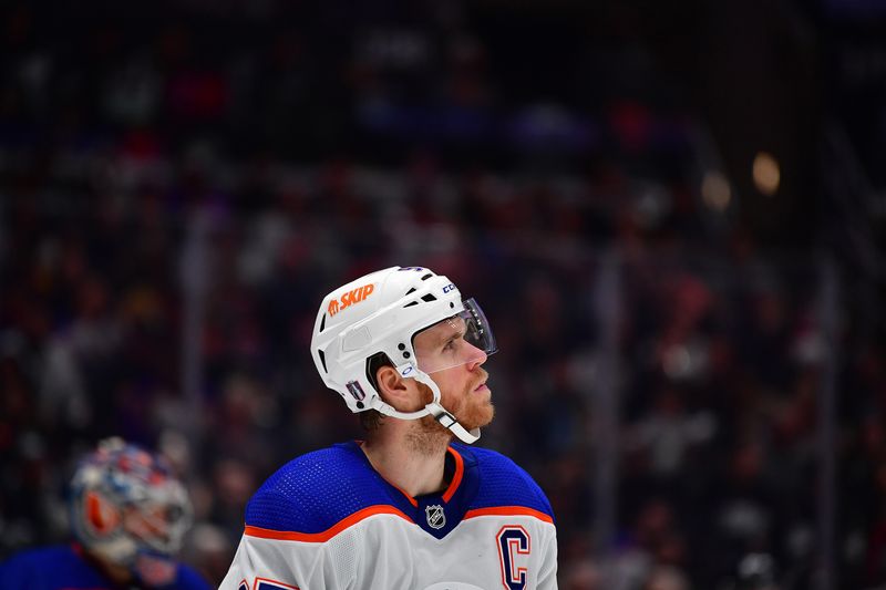 Apr 29, 2023; Los Angeles, California, USA; Edmonton Oilers center Connor McDavid (97) reacts during the second period in game six of the first round of the 2023 Stanley Cup Playoffs at Crypto.com Arena. Mandatory Credit: Gary A. Vasquez-USA TODAY Sports