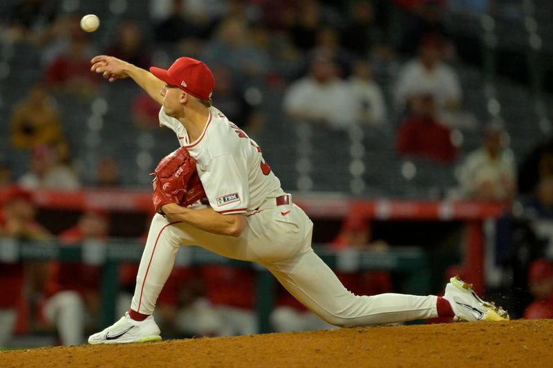 Sep 17, 2024; Anaheim, California, USA;  Los Angeles Angels relief pitcher Ryan Miller (53) delivers to the plate in the ninth inning against the Chicago White Sox at Angel Stadium. Mandatory Credit: Jayne Kamin-Oncea-Imagn Images