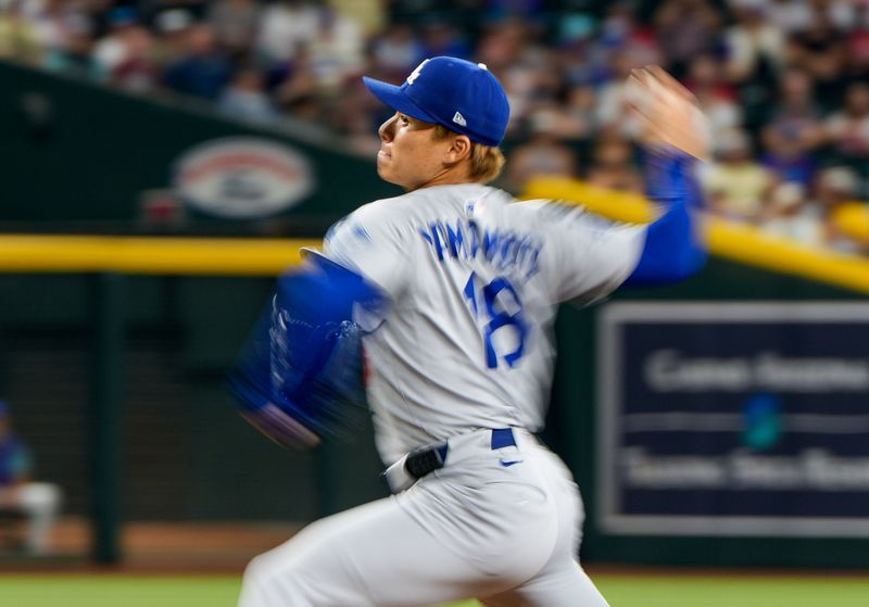 Sep 25, 2025; Phoenix, Arizona, USA; Los Angeles Dodgers starting pitcher Yoshinobu Yamamoto (18) on the mound in the first inning against the Arizona Diamondbacks at Chase Field. Mandatory Credit: Allan Henry-Imagn Images
