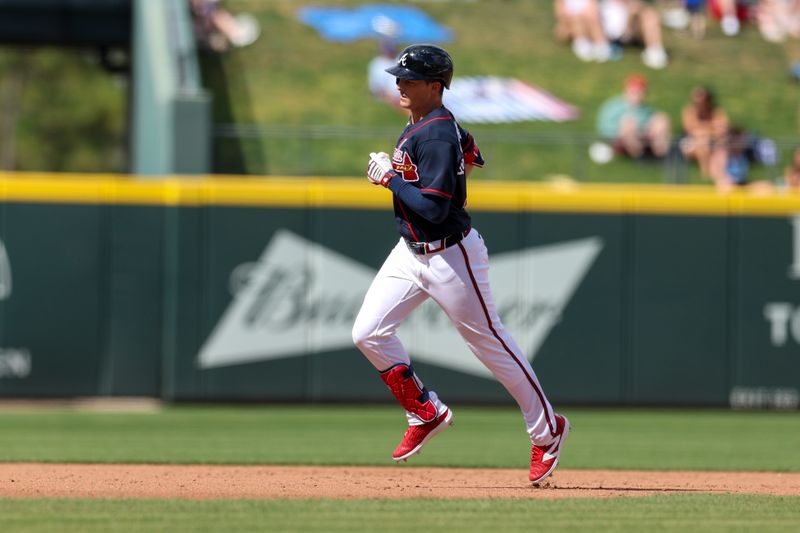 Mar 7, 2026; North Port, Florida, USA; Atlanta Braves left fielder Mike Yastrzemski (18) runs the bases after hitting a home run against the Baltimore Orioles in the sixth inning during spring Training at CoolToday Park. Mandatory Credit: Nathan Ray Seebeck-Imagn Images