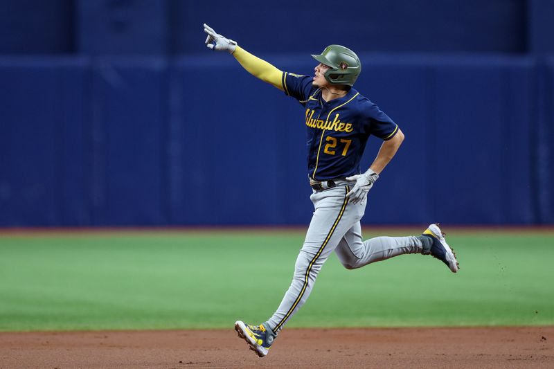 May 21, 2023; St. Petersburg, Florida, USA;  Milwaukee Brewers shortstop Willy Adames (27) celebrates after hitting a home run against the Tampa Bay Rays in the second inning at Tropicana Field. Mandatory Credit: Nathan Ray Seebeck-USA TODAY Sports