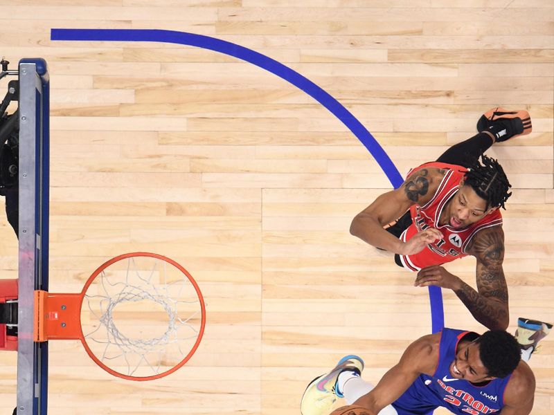 DETROIT, MI - APRIL 11: Jaden Ivey #23 of the Detroit Pistons shoots the ball during the game against the Chicago Bulls on April 11, 2024 at Little Caesars Arena in Detroit, Michigan. NOTE TO USER: User expressly acknowledges and agrees that, by downloading and/or using this photograph, User is consenting to the terms and conditions of the Getty Images License Agreement. Mandatory Copyright Notice: Copyright 2024 NBAE (Photo by Chris Schwegler/NBAE via Getty Images)