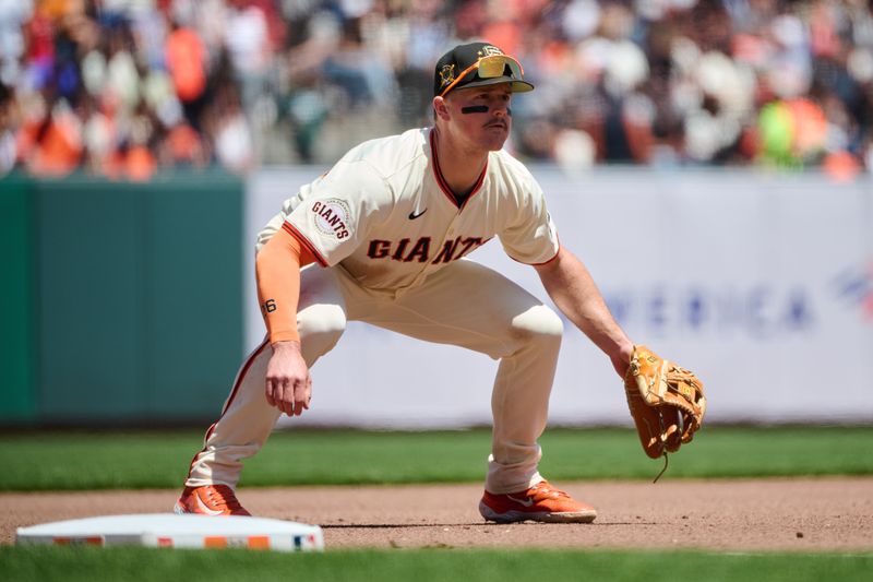 May 19, 2024; San Francisco, California, USA; San Francisco Giants infielder Matt Chapman (26) plays third base against the Colorado Rockies during the fourth inning at Oracle Park. Mandatory Credit: Robert Edwards-USA TODAY Sports