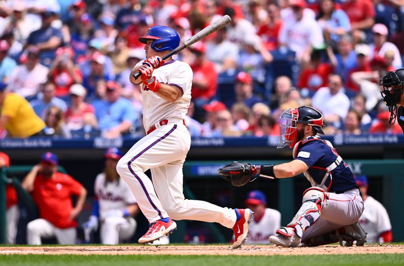 May 7, 2023; Philadelphia, Pennsylvania, USA; Philadelphia Phillies catcher J.T. Realmuto (10) hits a single against the Boston Red Sox in the second inning at Citizens Bank Park. Mandatory Credit: Kyle Ross-USA TODAY Sports