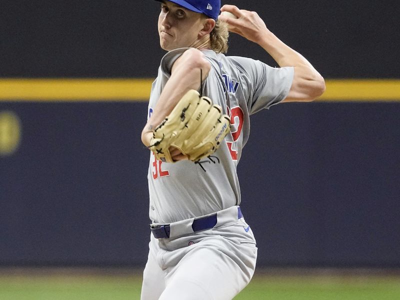 May 28, 2024; Milwaukee, Wisconsin, USA;  Chicago Cubs pitcher Ben Brown (32) throws a pitch during the first inning against the Milwaukee Brewers at American Family Field. Mandatory Credit: Jeff Hanisch-USA TODAY Sports