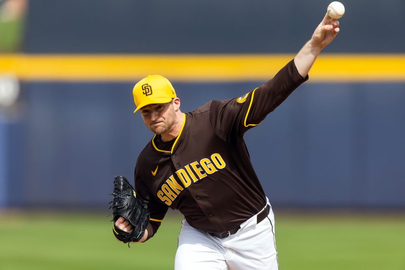 Mar 5, 2025; Peoria, Arizona, USA; San Diego Padres pitcher Wes Benjamin against the Colorado Rockies during a spring training game at Peoria Sports Complex. Mandatory Credit: Mark J. Rebilas-Imagn Images