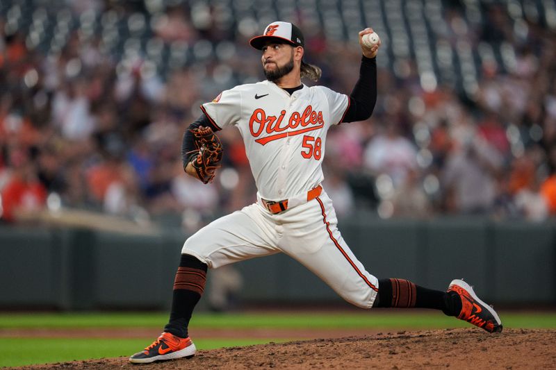 Jun 26, 2024; Baltimore, Maryland, USA; Baltimore Orioles pitcher Cionel Pérez (58) throws a pitch during the eighth inning against the Cleveland Guardians at Oriole Park at Camden Yards. Mandatory Credit: Reggie Hildred-USA TODAY Sports