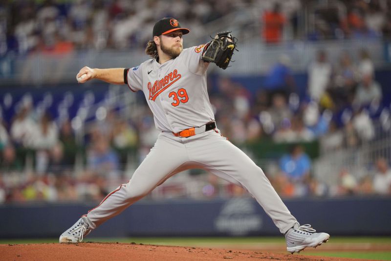 Jul 25, 2024; Miami, Florida, USA;  Baltimore Orioles pitcher Corbin Burnes (39) delivers in the first inning against the Miami Marlins at loanDepot Park. Mandatory Credit: Jim Rassol-USA TODAY Sports