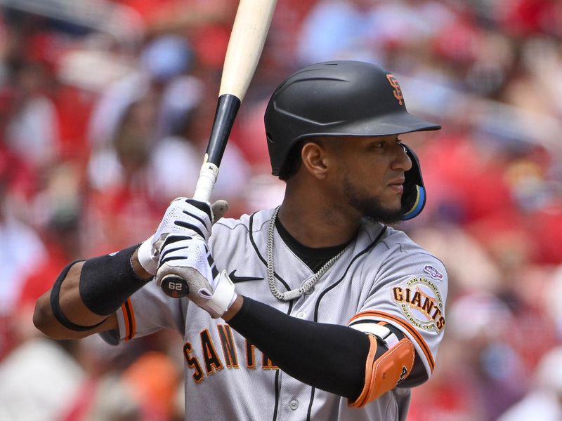 Jun 14, 2023; St. Louis, Missouri, USA;  San Francisco Giants center fielder Luis Matos (29) bats in his Major League debut against the St. Louis Cardinals during the sixth inning at Busch Stadium. Mandatory Credit: Jeff Curry-USA TODAY Sports