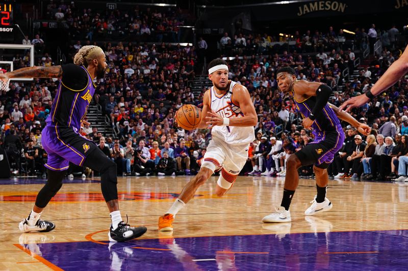 PHOENIX, AZ - OCTOBER 28: Devin Booker #1 of the Phoenix Suns dribbles the ball during the game against the Los Angeles Lakers on October 28, 2024 at Footprint Center in Phoenix, Arizona. NOTE TO USER: User expressly acknowledges and agrees that, by downloading and or using this photograph, user is consenting to the terms and conditions of the Getty Images License Agreement. Mandatory Copyright Notice: Copyright 2024 NBAE (Photo by Kate Frese/NBAE via Getty Images)