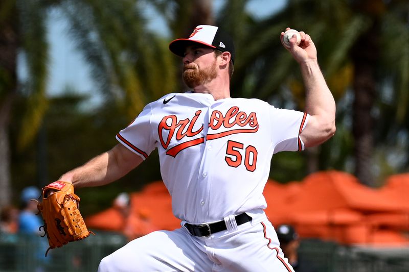 Feb 27, 2023; Sarasota, Florida, USA; Baltimore Orioles pitcher Bruce Zimmermann (50) throws a pitch in the first inning against the Tampa Bay Rays at Ed Smith Stadium. Mandatory Credit: Jonathan Dyer-USA TODAY Sports