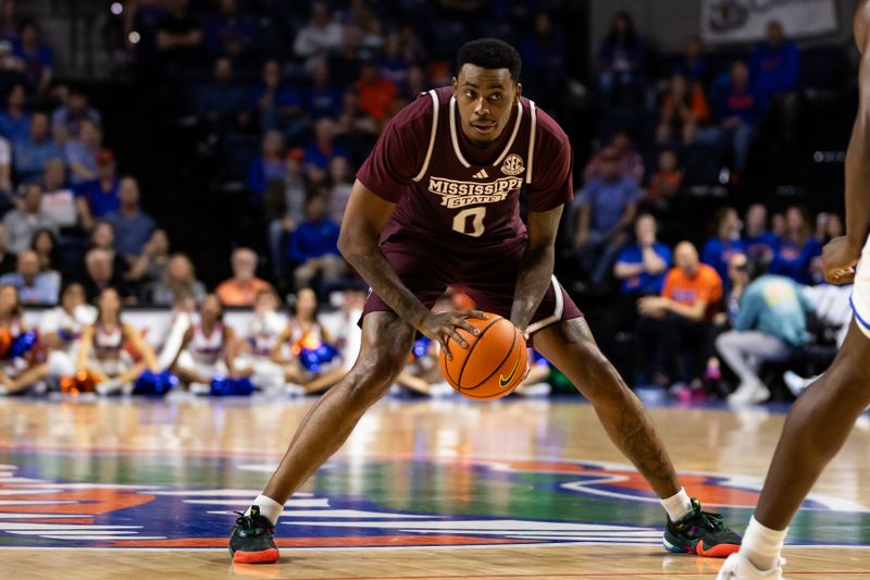 Jan 24, 2024; Gainesville, Florida, USA; Mississippi State Bulldogs forward D.J. Jeffries (0) looks to pass against the Florida Gators during the first half at Exactech Arena at the Stephen C. O'Connell Center. Mandatory Credit: Matt Pendleton-USA TODAY Sports