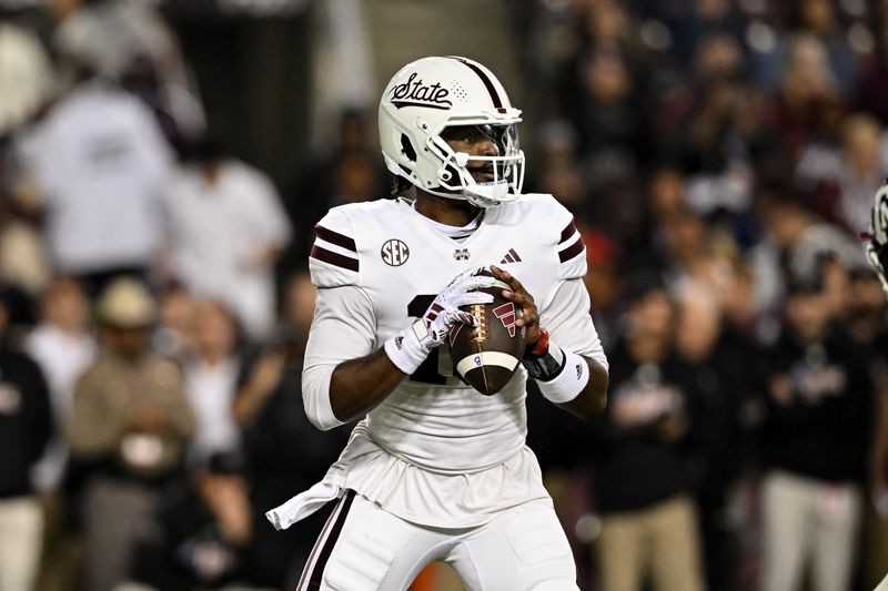 Nov 11, 2023; College Station, Texas, USA; Mississippi State Bulldogs quarterback Chris Parson (16) looks to pass the ball during the first quarter against the Texas A&M Aggies at Kyle Field. Mandatory Credit: Maria Lysaker-USA TODAY Sports