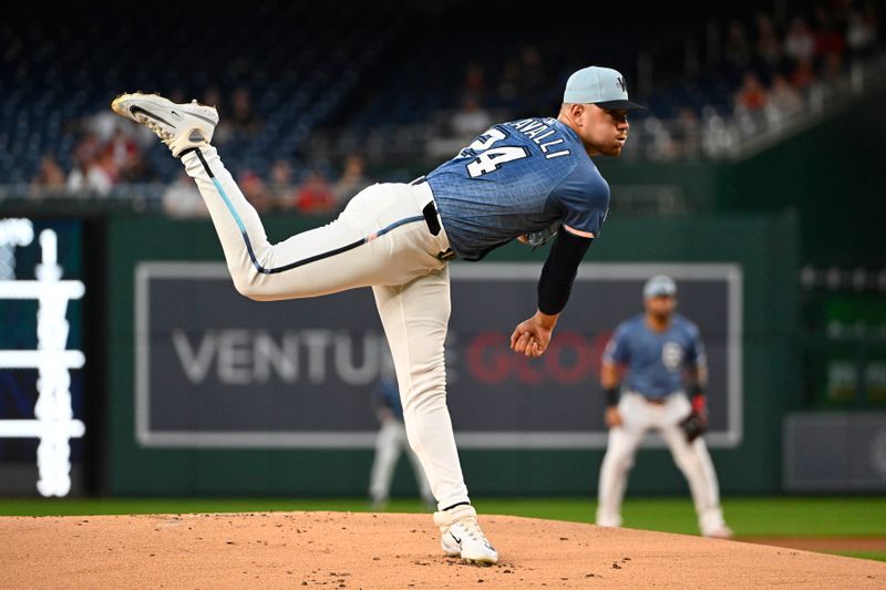 Sep 26, 2025; Washington, District of Columbia, USA; Washington Nationals starting pitcher Cade Cavalli (24) throws to the Chicago White Sox during the first inning at Nationals Park. Mandatory Credit: Brad Mills-Imagn Images