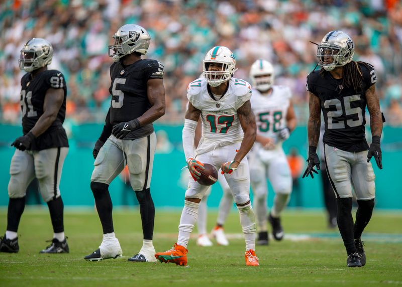 Miami Dolphins wide receiver Jaylen Waddle (17) reacts to gaining a first down during the second half of an NFL football game against the Las Vegas Raiders, Sunday, Nov. 19, 2023, in Miami Gardens, Fla. (AP Photo/Michael Laughlin)