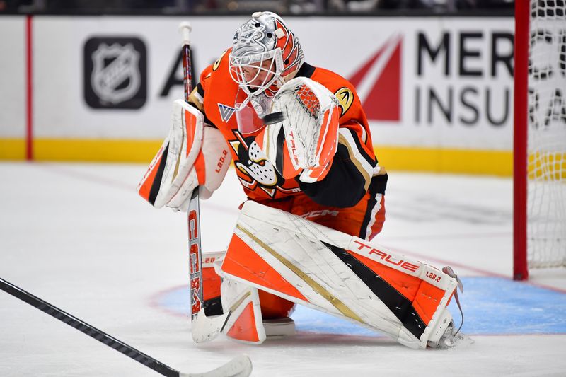 Oct 16, 2024; Anaheim, California, USA; Anaheim Ducks goaltender Lukas Dostal (1) blocks a shot against Utah Hockey Club during the third period at Honda Center. Mandatory Credit: Gary A. Vasquez-Imagn Images