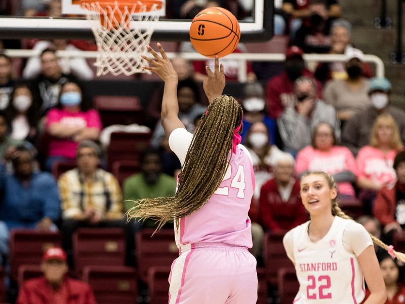 Feb 17, 2023; Stanford, California, USA;  USC Trojans guard Okako Adika (24) shoots against the Stanford Cardinal during the first half at Maples Pavilion. Mandatory Credit: John Hefti-USA TODAY Sports