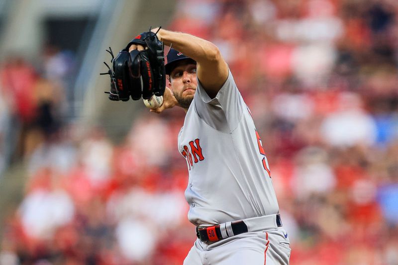 Jun 21, 2024; Cincinnati, Ohio, USA; Boston Red Sox starting pitcher Kutter Crawford (50) pitches against the Cincinnati Reds in the sixth inning at Great American Ball Park. Mandatory Credit: Katie Stratman-USA TODAY Sports