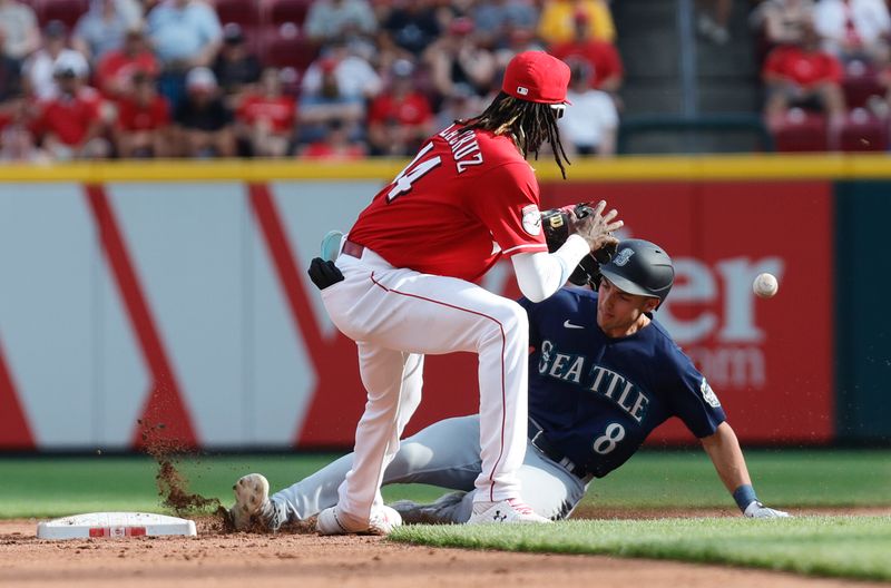 Sep 4, 2023; Cincinnati, Ohio, USA; Seattle Mariners left fielder Dominic Canzone (8) is safe at second for for a double against Cincinnati Reds shortstop Elly De La Cruz (44) during the sixth inning at Great American Ball Park. Mandatory Credit: David Kohl-USA TODAY Sports