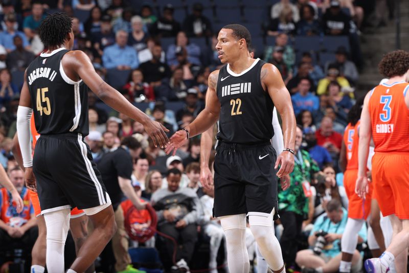 MEMPHIS, TN - MARCH 16: GG Jackson #45 high fives  Desmond Bane #22 of the Memphis Grizzlies during the game against the Oklahoma City Thunder on March 16, 2024 at FedExForum in Memphis, Tennessee. NOTE TO USER: User expressly acknowledges and agrees that, by downloading and or using this photograph, User is consenting to the terms and conditions of the Getty Images License Agreement. Mandatory Copyright Notice: Copyright 2024 NBAE (Photo by Joe Murphy/NBAE via Getty Images)