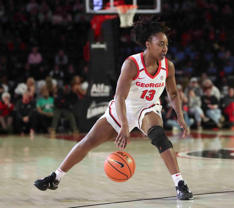 Jan 21, 2024; Athens, Georgia, USA; Georgia Bulldogs guard Stefanie Ingram (13) dribbles during the game against the Ole Miss Rebels during the second half at Stegeman Coliseum. Mandatory Credit: Mady Mertens-USA TODAY Sports