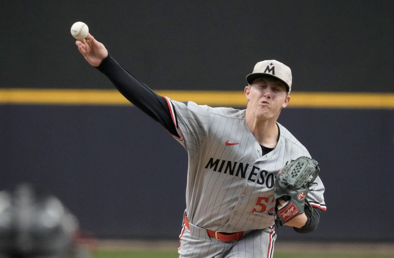 May 18, 2025; Milwaukee, Wisconsin, USA; Minnesota Twins pitcher Zebby Matthews (52) delivers a pitch against the Milwaukee Brewers in the first inning at American Family Field. Mandatory Credit: Michael McLoone-Imagn Images