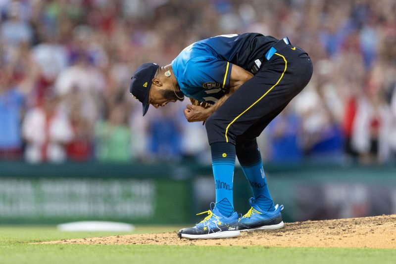 Jun 28, 2024; Philadelphia, Pennsylvania, USA; Philadelphia Phillies pitcher Cristopher Sánchez (61) reacts after his complete game three hit shutout against the Miami Marlins at Citizens Bank Park. Mandatory Credit: Bill Streicher-USA TODAY Sports