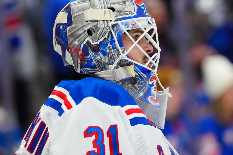 Jan 14, 2025; Denver, Colorado, USA; New York Rangers goaltender Igor Shesterkin (31) before the game against the against the Colorado Avalanche at Ball Arena. Mandatory Credit: Ron Chenoy-Imagn Images