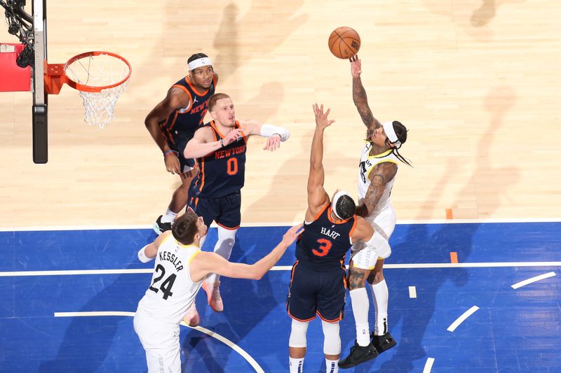 NEW YORK, NY - JANUARY 30: Jordan Clarkson #00 of the Utah Jazz shoots the ball during the game against the New York Knicks on January 30, 2024 at Madison Square Garden in New York City, New York.  NOTE TO USER: User expressly acknowledges and agrees that, by downloading and or using this photograph, User is consenting to the terms and conditions of the Getty Images License Agreement. Mandatory Copyright Notice: Copyright 2024 NBAE  (Photo by Nathaniel S. Butler/NBAE via Getty Images)