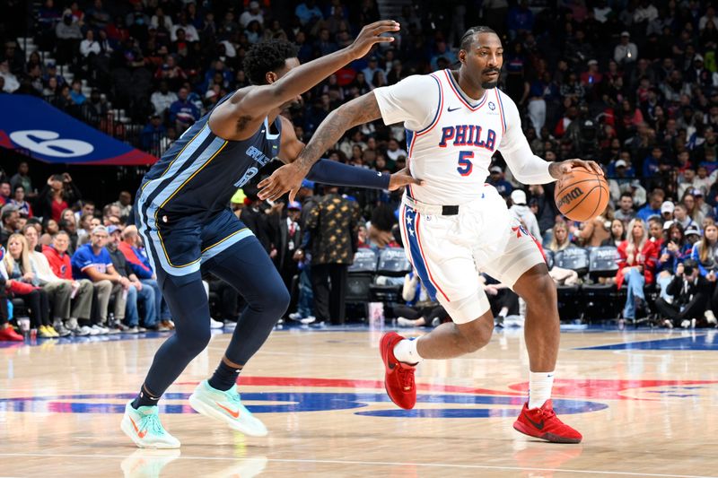 PHILADELPHIA, PA - NOVEMBER 2: Andre Drummond #5 of the Philadelphia 76ers dribbles the ball during the game against the Memphis Grizzlies on November 2, 2024 at the Wells Fargo Center in Philadelphia, Pennsylvania NOTE TO USER: User expressly acknowledges and agrees that, by downloading and/or using this Photograph, user is consenting to the terms and conditions of the Getty Images License Agreement. Mandatory Copyright Notice: Copyright 2024 NBAE (Photo by David Dow/NBAE via Getty Images)