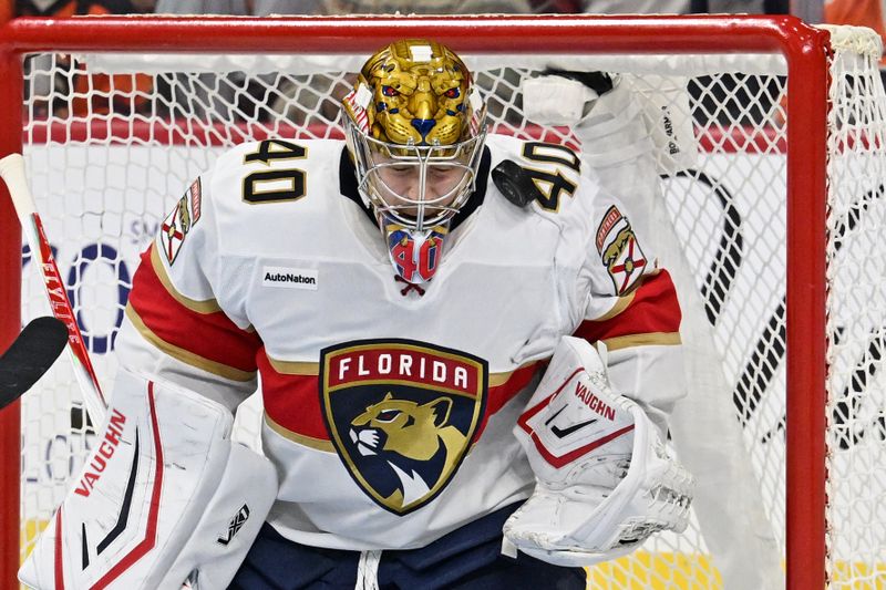 Oct 13, 2025; Philadelphia, Pennsylvania, USA; Florida Panthers goaltender Daniil Tarasov (40) makes a save against the Philadelphia Flyers during the second period at Wells Fargo Center. Mandatory Credit: Eric Hartline-Imagn Images