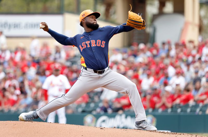 Mar 7, 2024; Jupiter, Florida, USA; Houston Astros starting pitcher Cristian Javier (53) pitches against the St. Louis Cardinals in the first inning at Roger Dean Chevrolet Stadium. Mandatory Credit: Rhona Wise-USA TODAY Sports