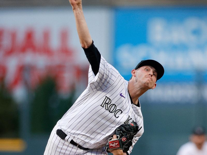 Sep 1, 2023; Denver, Colorado, USA; Colorado Rockies starting pitcher Chris Flexen (32) pitches in the first inning against the Toronto Blue Jays at Coors Field. Mandatory Credit: Isaiah J. Downing-USA TODAY Sports