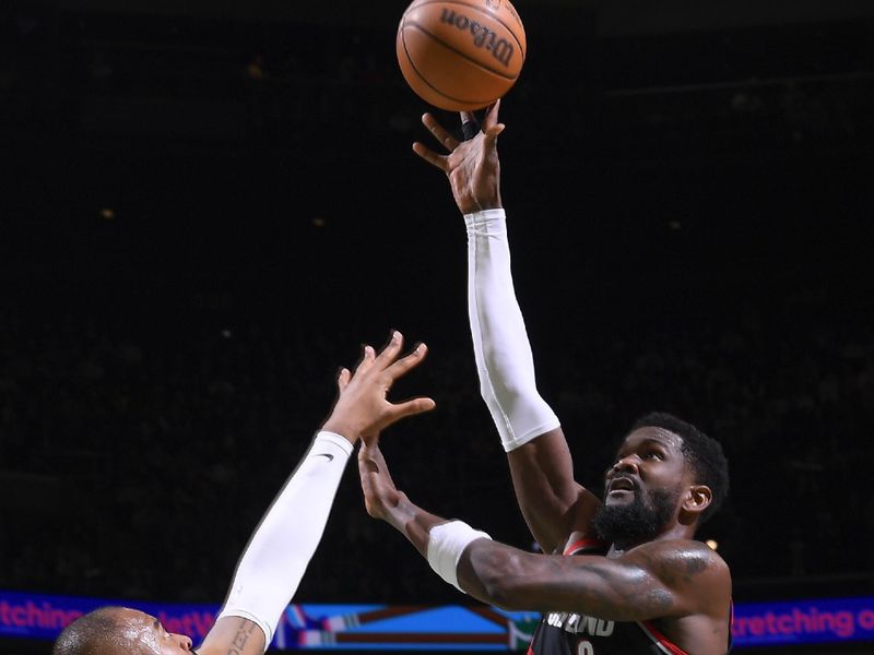 BOSTON, MA - APRIL 7: Deandre Ayton #2 of the Portland Trail Blazers goes to the basket during the game on April 7, 2024 at the TD Garden in Boston, Massachusetts. NOTE TO USER: User expressly acknowledges and agrees that, by downloading and or using this photograph, User is consenting to the terms and conditions of the Getty Images License Agreement. Mandatory Copyright Notice: Copyright 2024 NBAE  (Photo by Brian Babineau/NBAE via Getty Images)