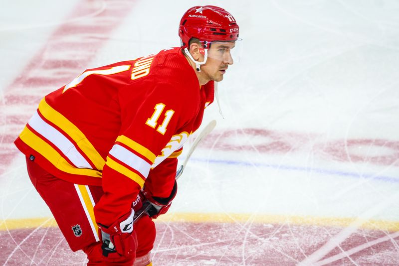 Oct 24, 2023; Calgary, Alberta, CAN; Calgary Flames center Mikael Backlund (11) during the warmup period against the New York Rangers at Scotiabank Saddledome. Mandatory Credit: Sergei Belski-USA TODAY Sports