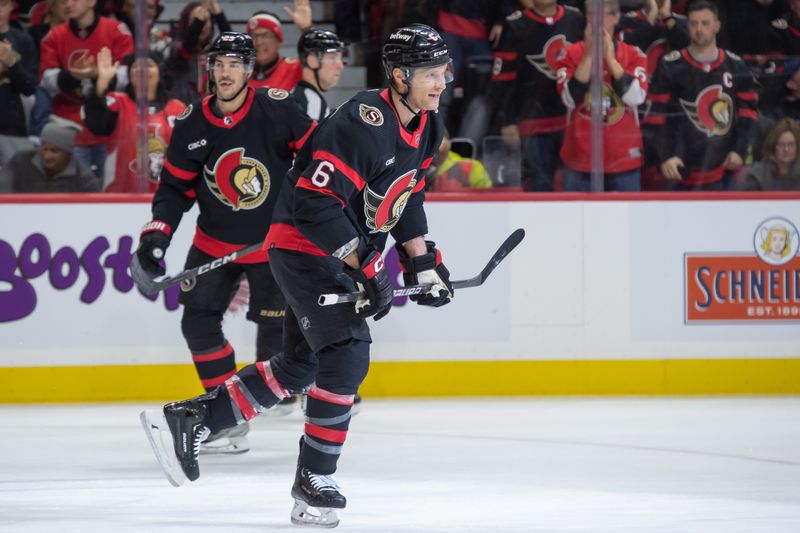 Dec 23, 2023; Ottawa, Ontario, CAN; Ottawa Senators defenseman Jakob Chychrun (6) skates to the bench following his goal scored  against the Pittsburgh Penguins in the first period at the Canadian Tire Centre. Mandatory Credit: Marc DesRosiers-USA TODAY Sports